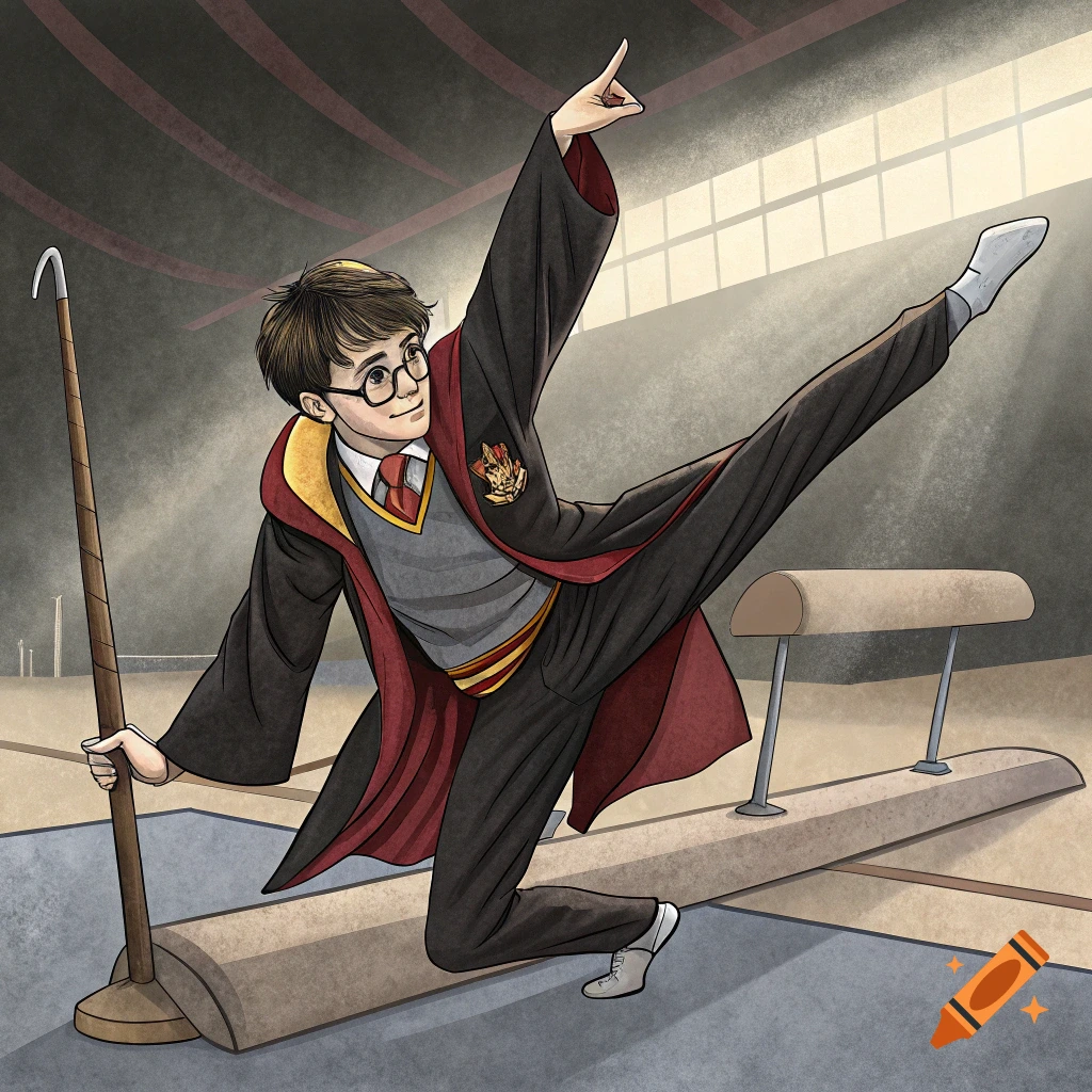 Illustration of Harry Potter doing a front split leg extension in a gymnasium.