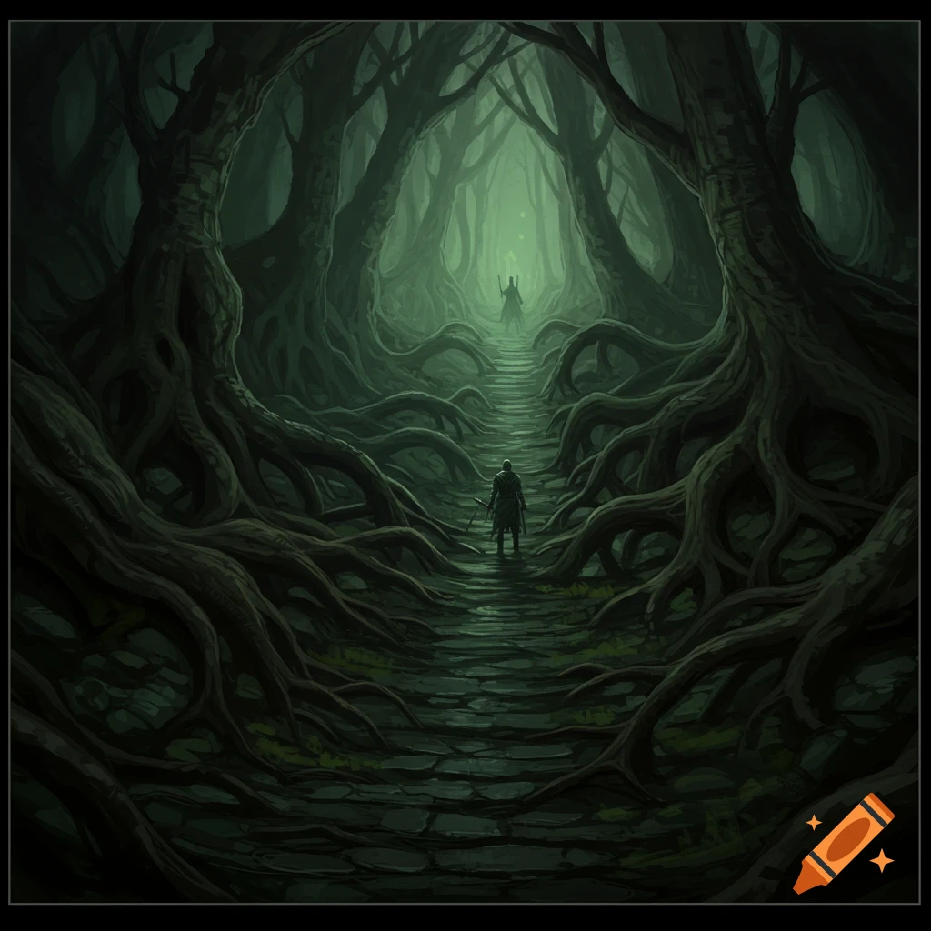 A figure is walking up a dark path through a forest of gnarled roots towards a distant figure.
