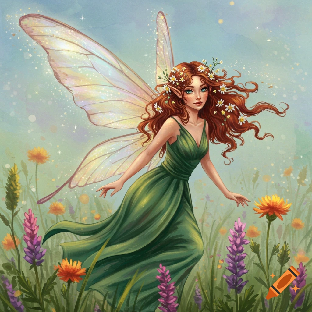 A fairy with red hair and iridescent wings standing in a field of flowers.