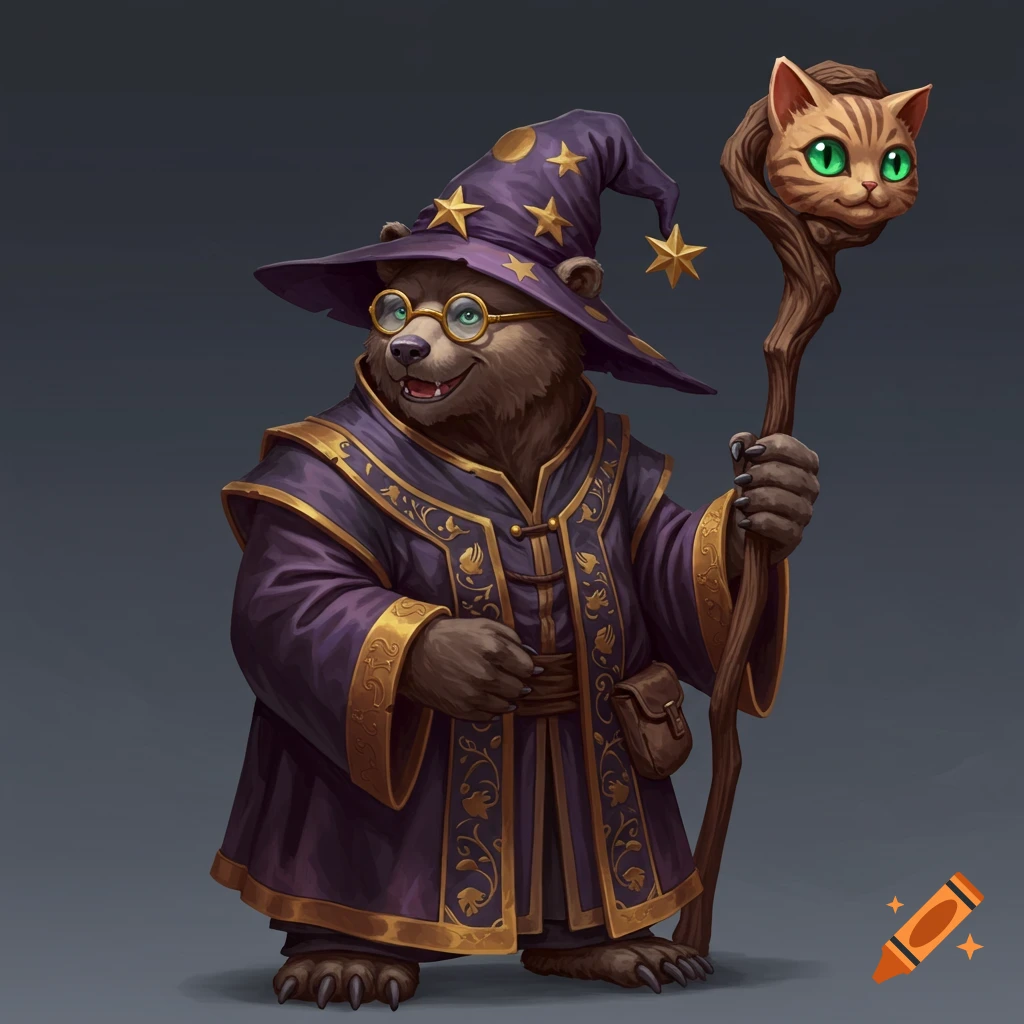 A bear dressed as a wizard holds a staff topped with a cat head.