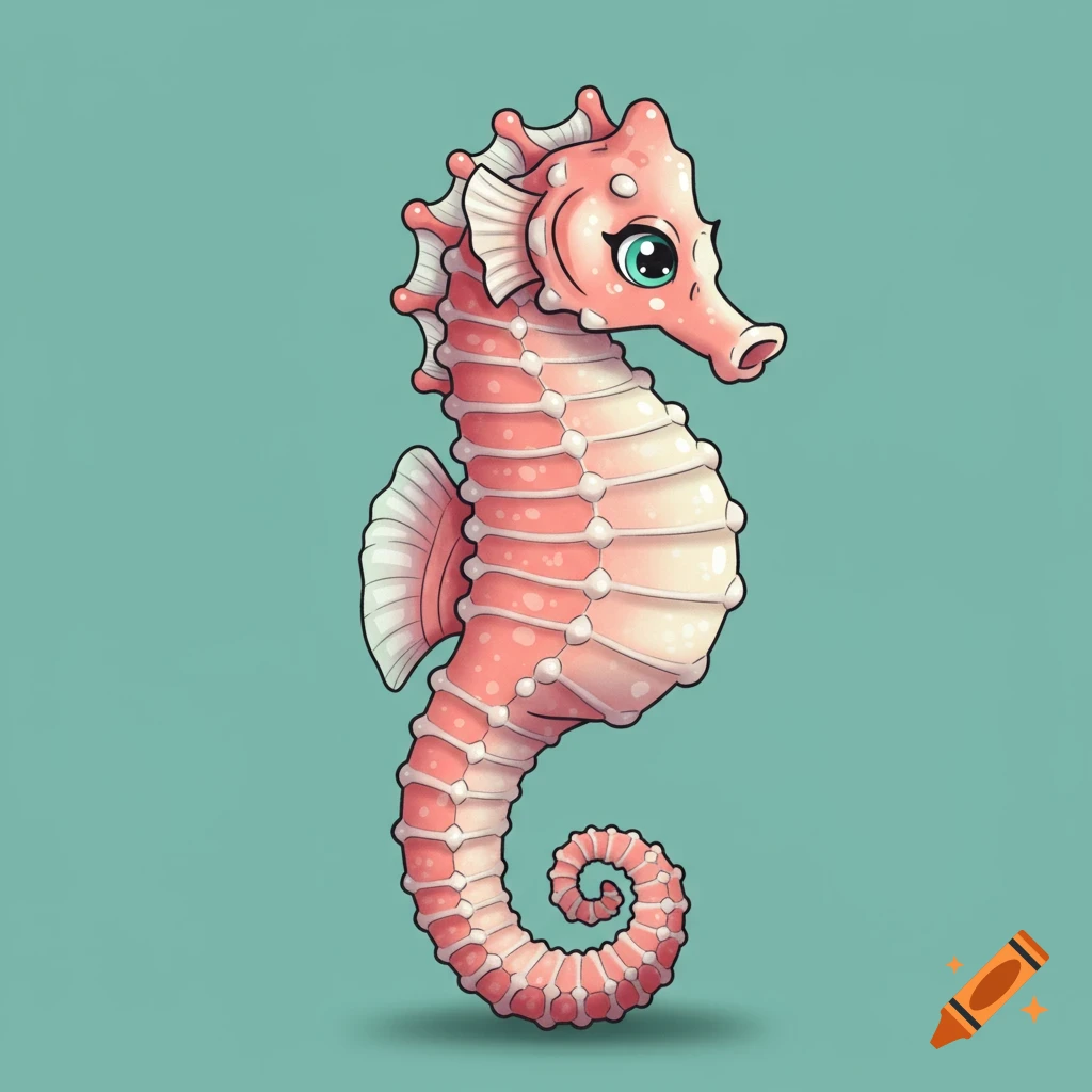 A pink and white cartoon seahorse illustration on a blue background.