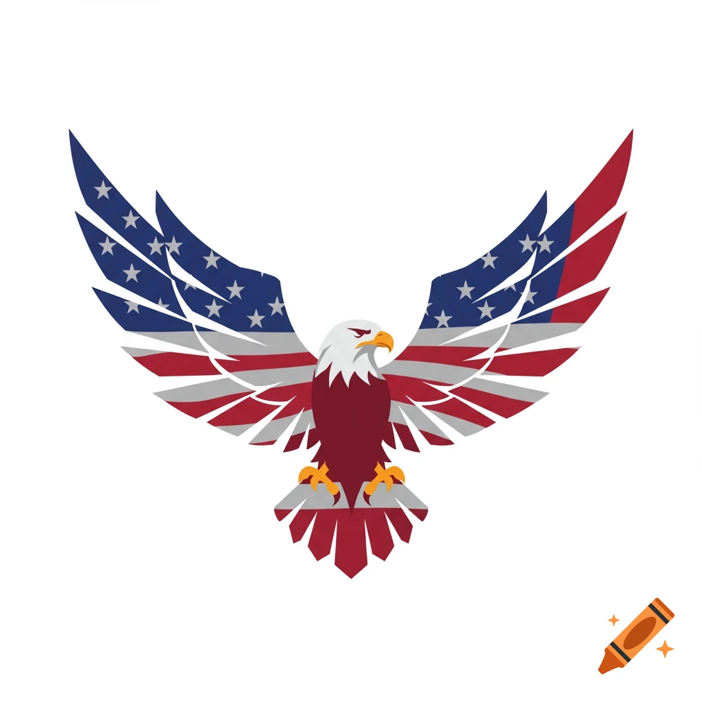 A stylized eagle with spread wings, colored like the American flag.