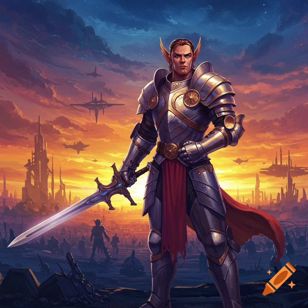 A knight in armor with a sword stands over a battlefield, with futuristic structures and airships at sunset.
