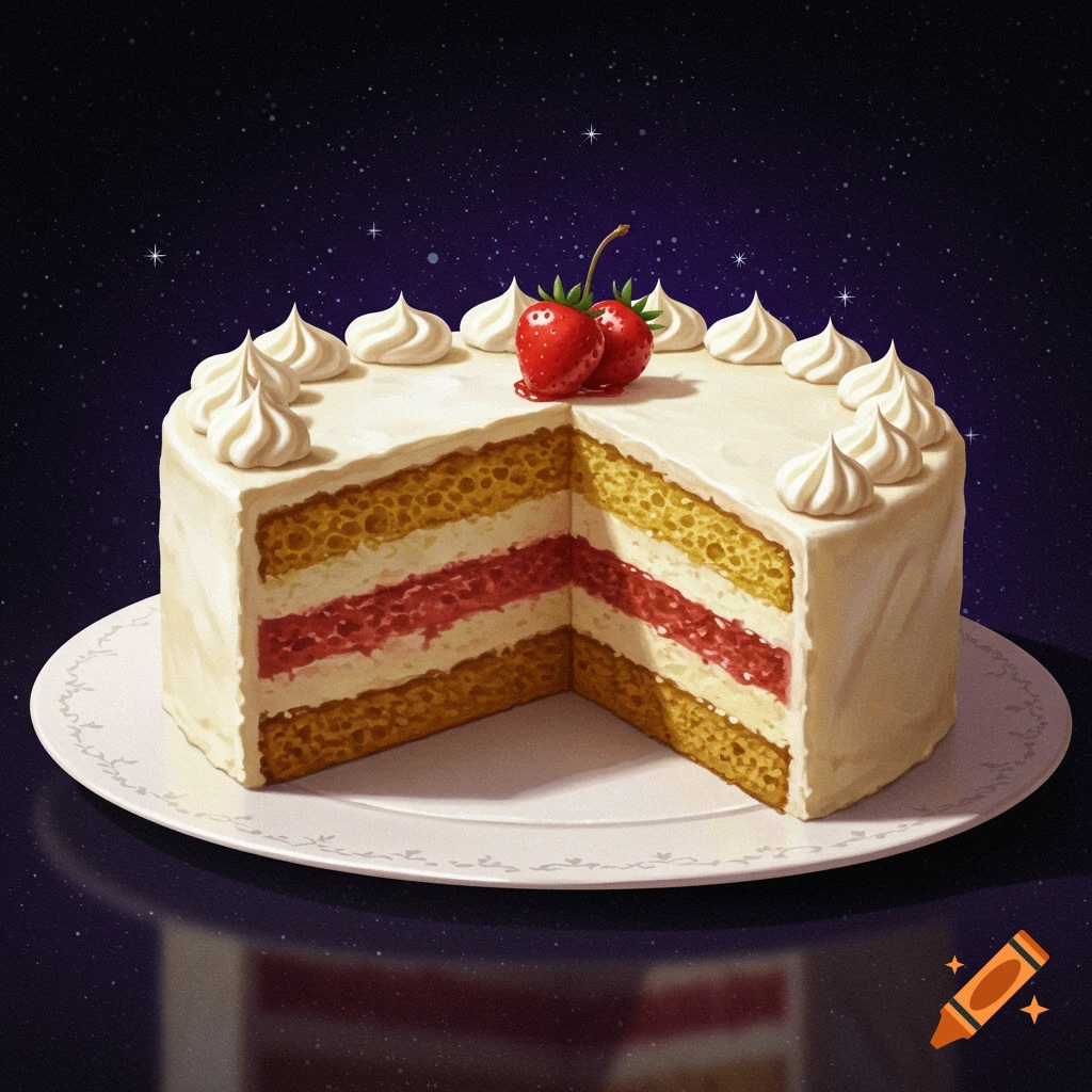 A slice of layered cake with white frosting, red filling, and strawberries sits on a plate against a starry sky.