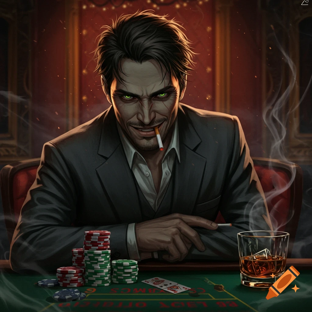 A man with dark hair and glowing green eyes smokes at a poker table.