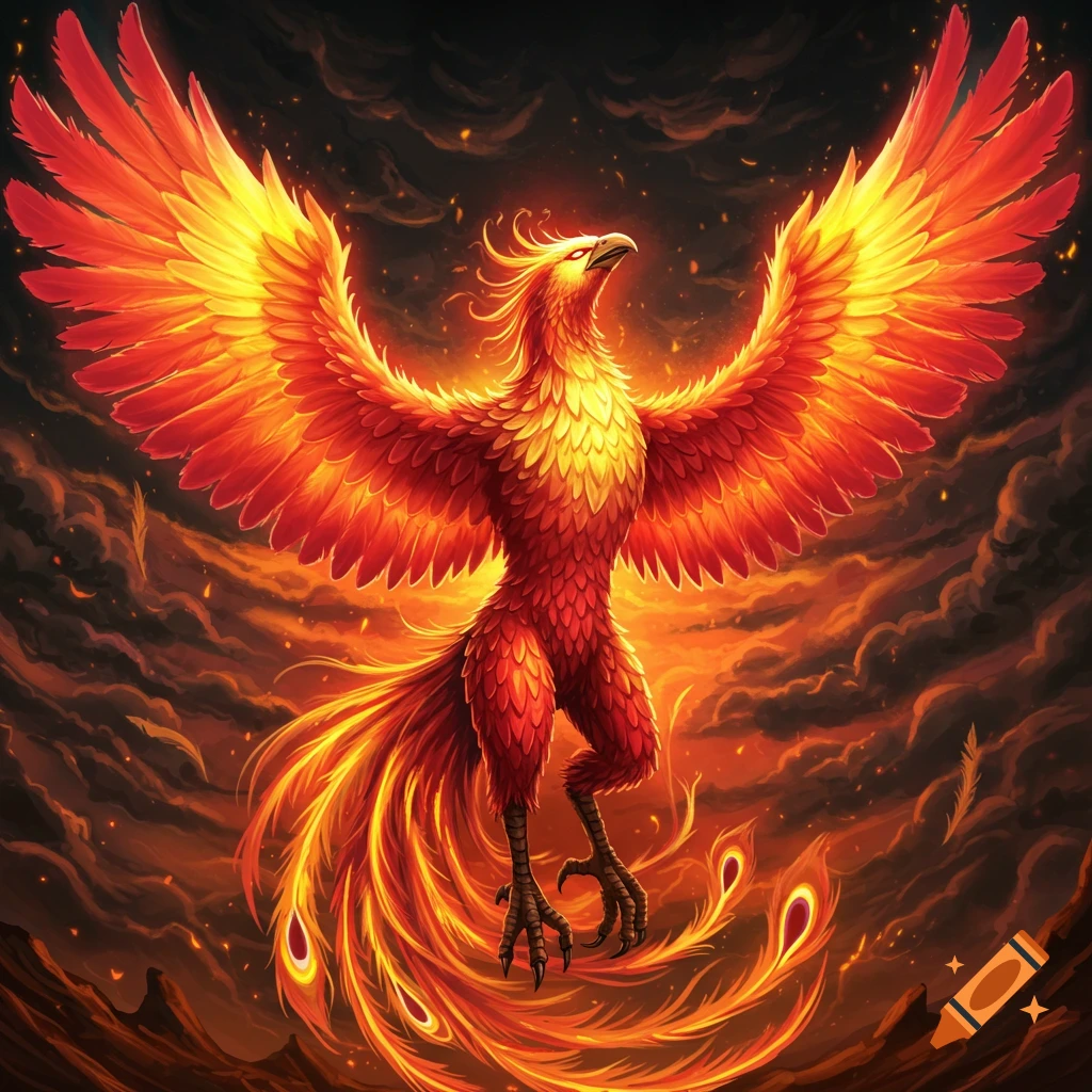A majestic, fiery phoenix rises from the ashes with widespread wings.