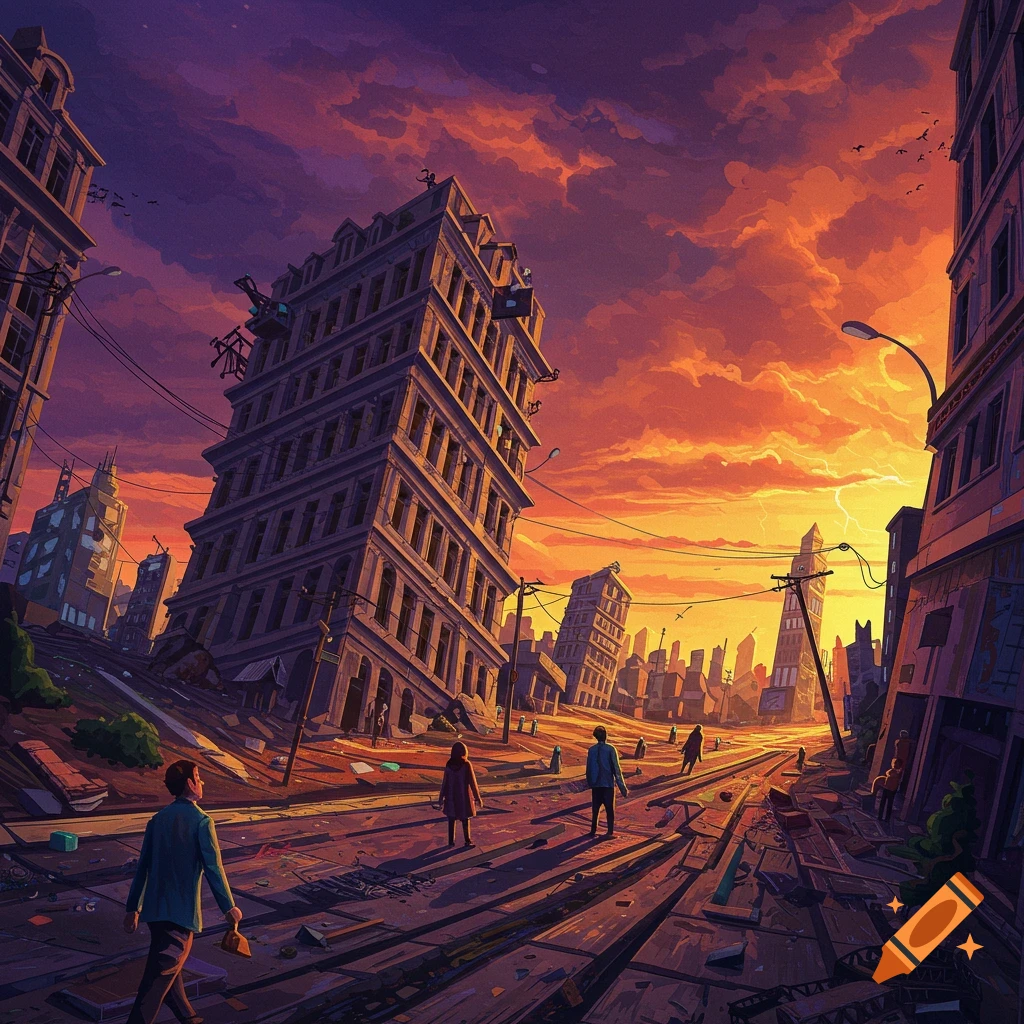 A destroyed city street with tilted buildings, debris, and people walking under a dramatic orange sky.