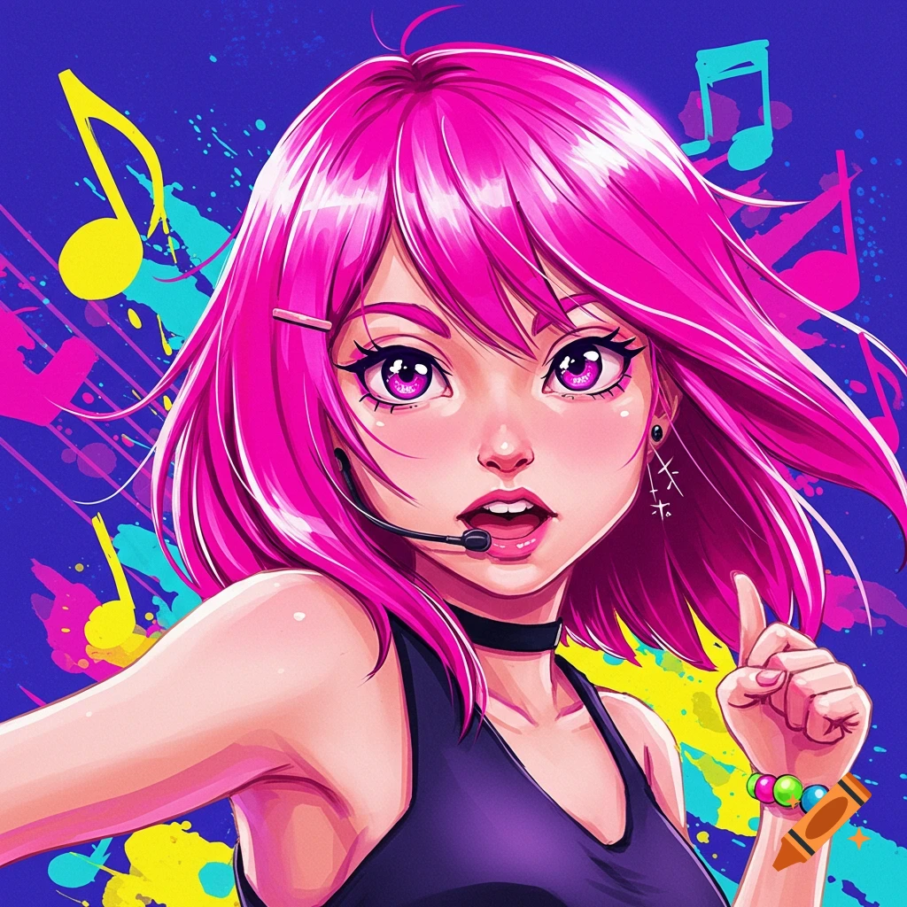 Anime portrait of a girl with pink hair, headset, and musical notes in the background.