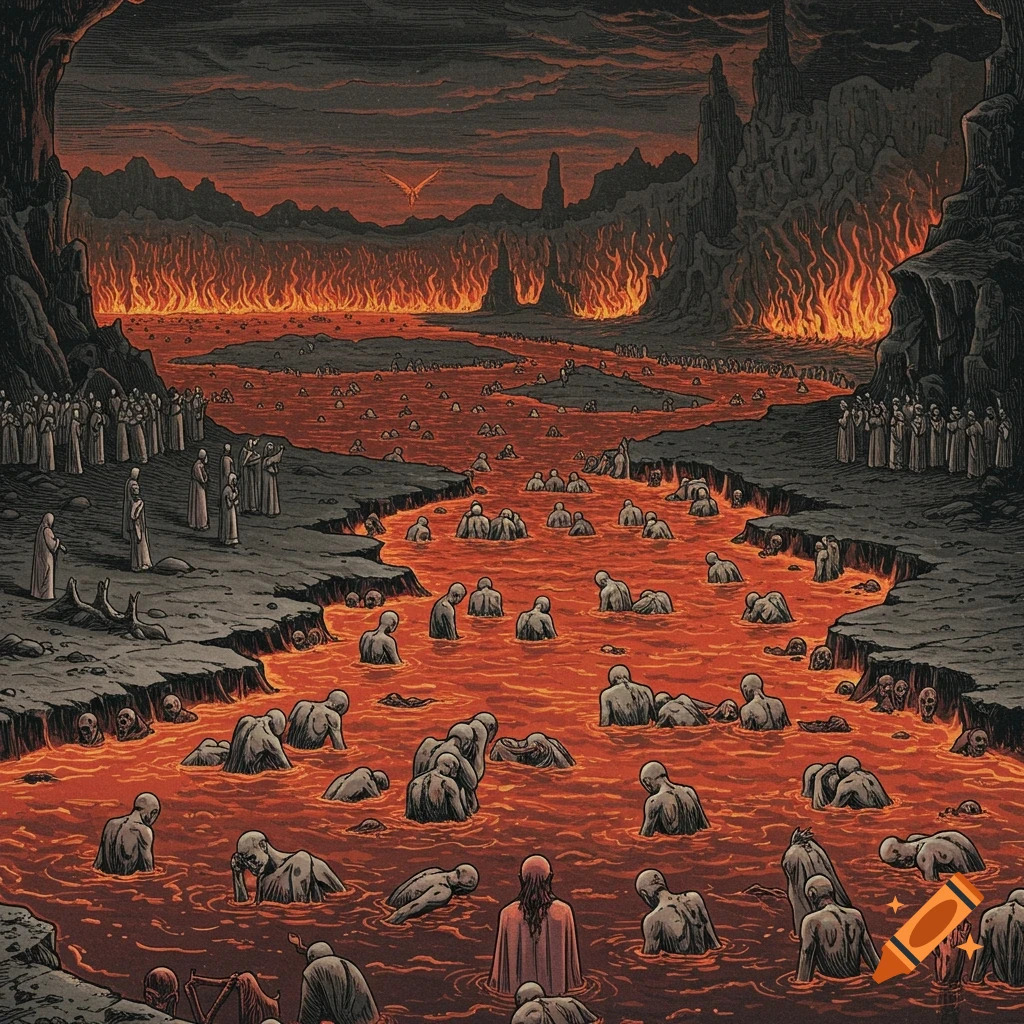 Illustration of souls submerged in a fiery river in a hellish landscape with figures on the banks, in a classic engraving style.