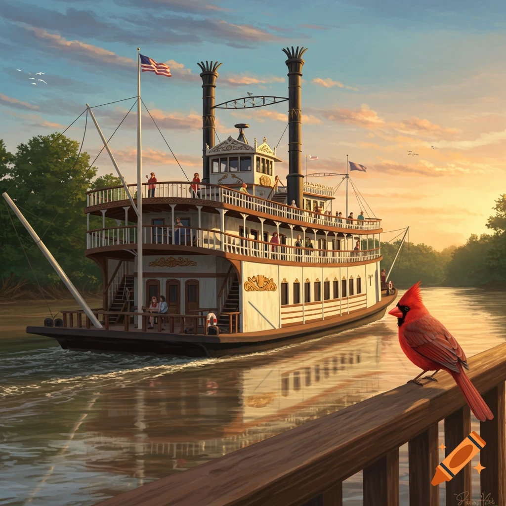 A riverboat on a river at sunset with a cardinal perched on a wooden fence in the foreground.