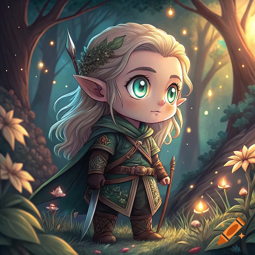 Cute chibi elf character with big green eyes standing in a glowing fantasy forest.
