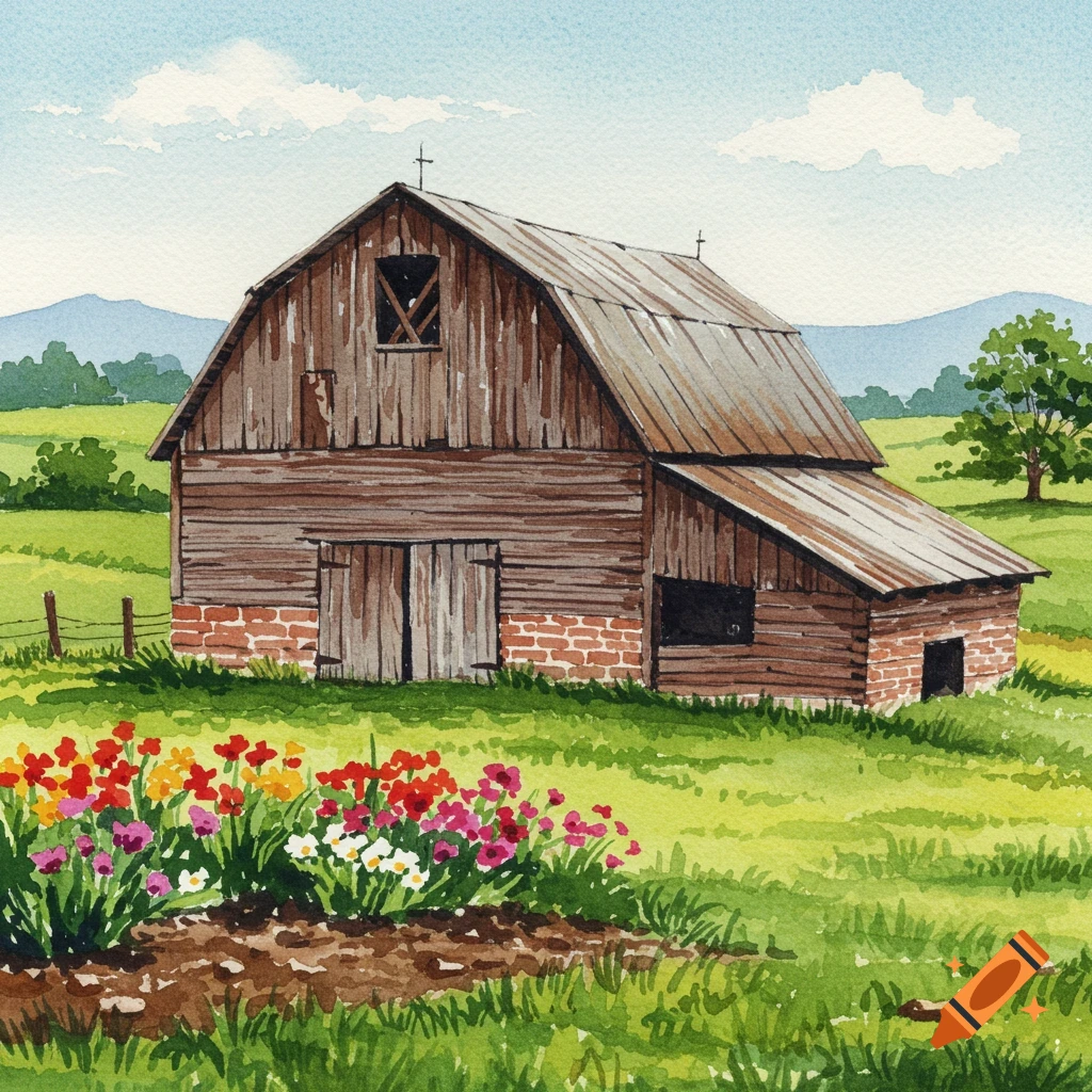 Watercolor painting of a rustic barn in a field with colorful flowers