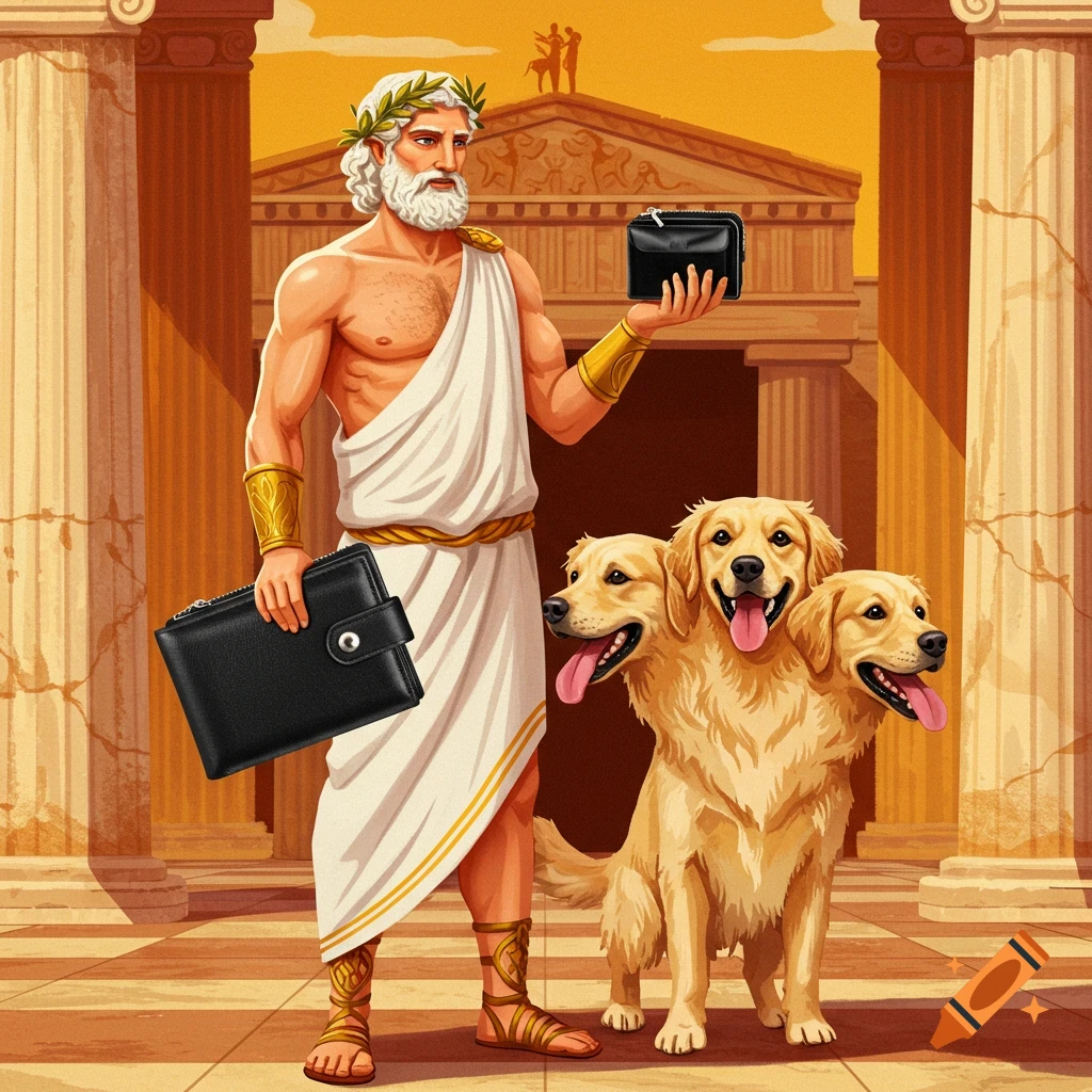 A man in a toga holds wallets next to a three-headed golden retriever before Greek columns.