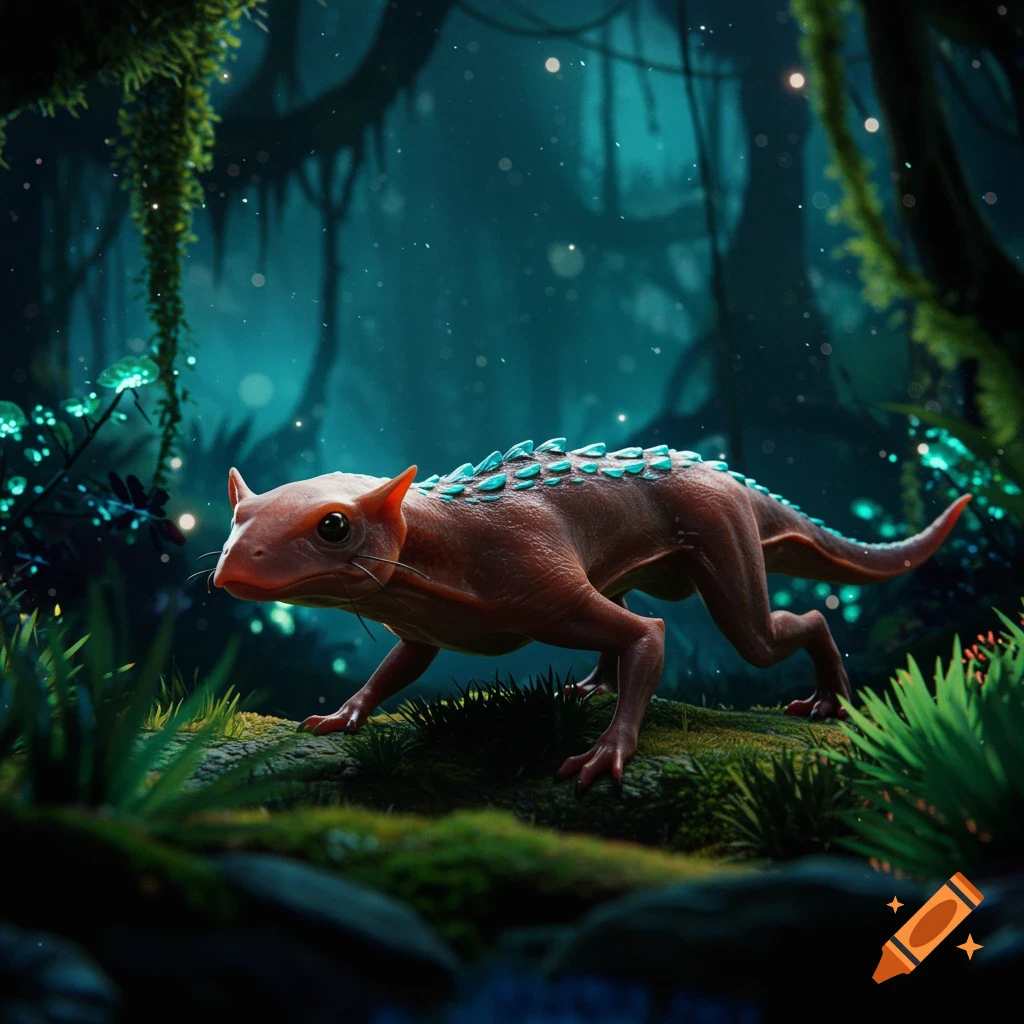 A fantasy creature resembling a lizard-cat with blue spines walks through a bioluminescent jungle.