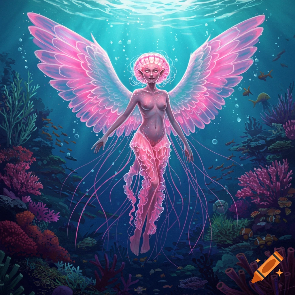 A jellyfish angel with pink wings floats in a coral reef.