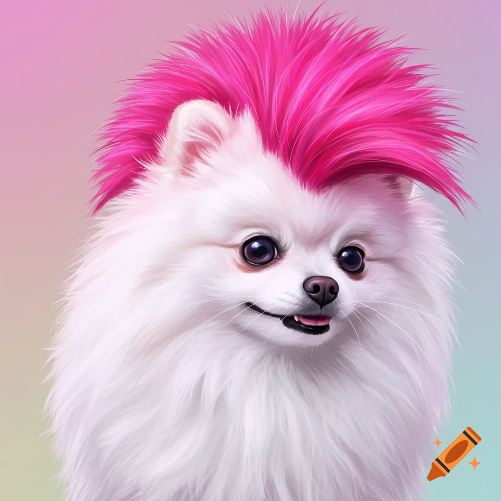 Fluffy white Pomeranian dog with bright pink punk-style hair.