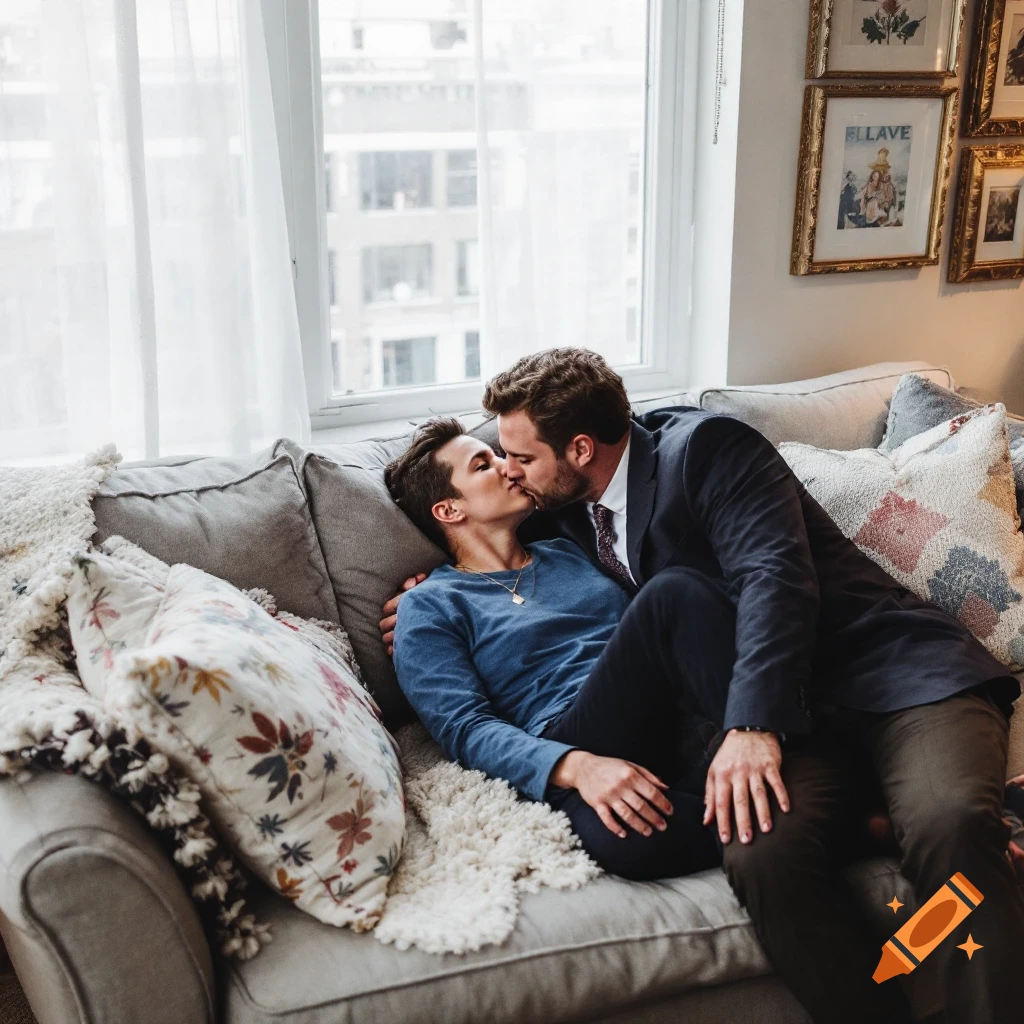 Two men kiss on a couch by a window.