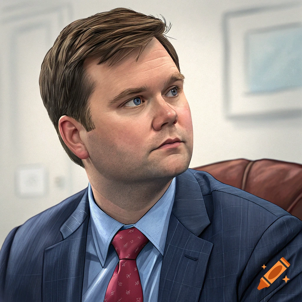 Illustration of a man in a blue suit and red tie looking up.