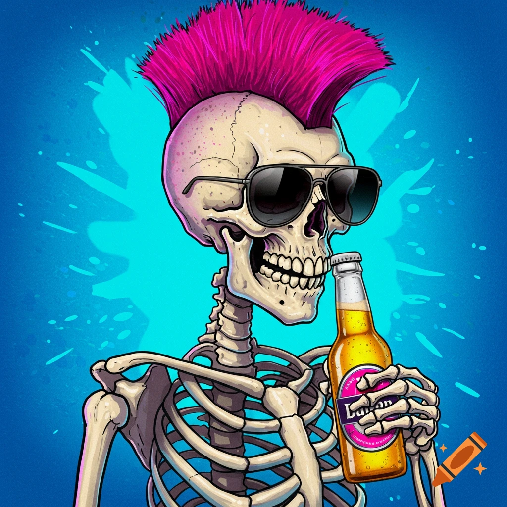 Cartoon skeleton with pink mohawk and sunglasses holding a beer bottle, digital illustration.