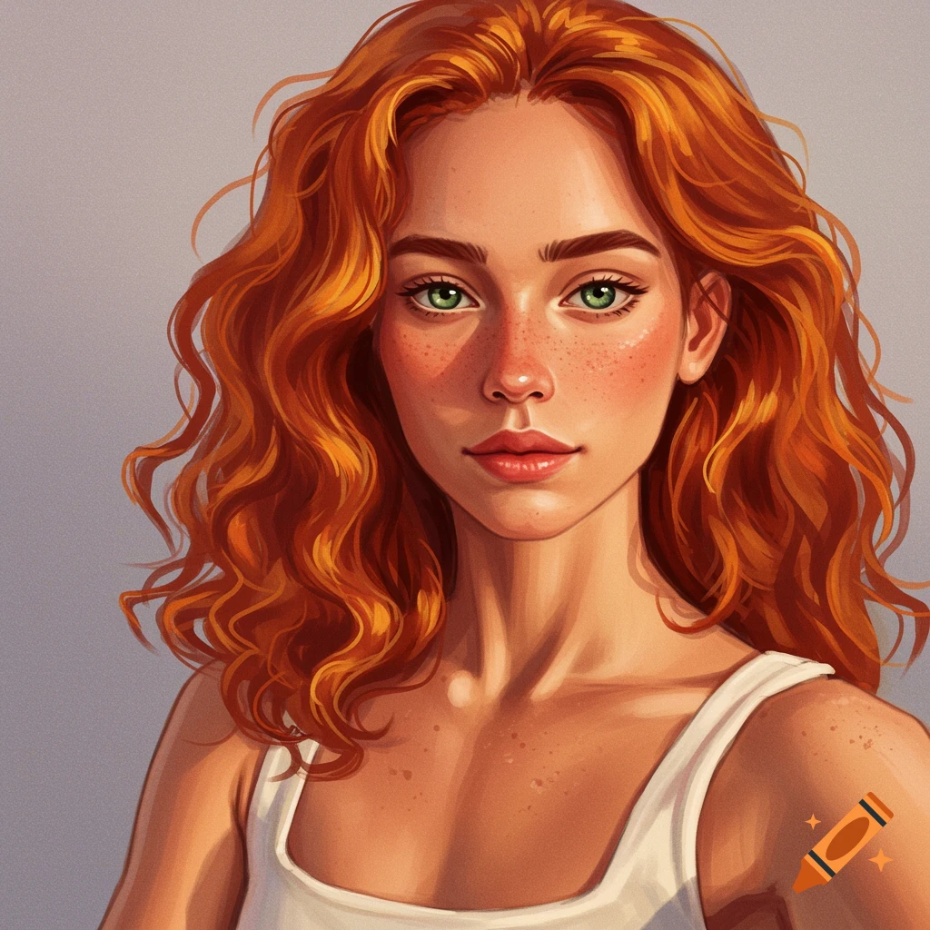 Portrait of a redhead woman with green eyes and freckles wearing a white tank top.