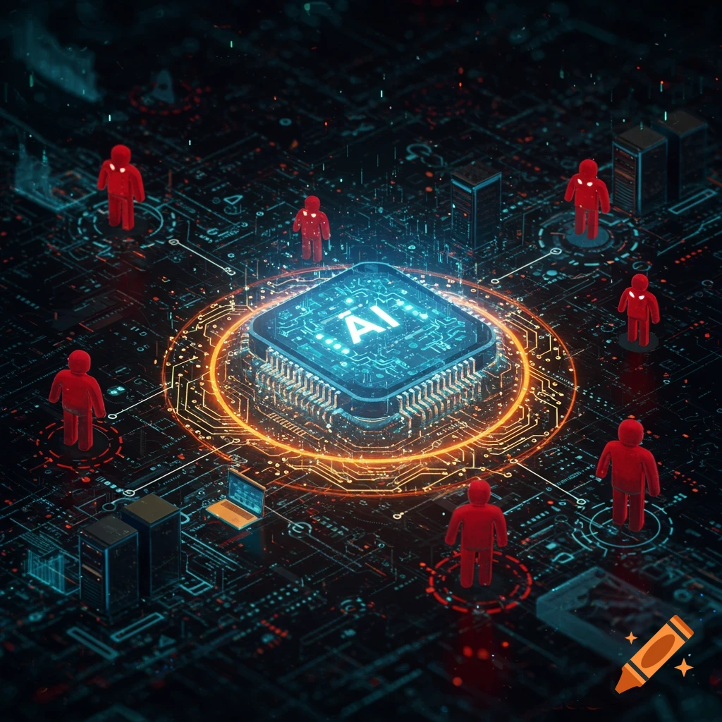 Digital art of AI chip on a circuit board with red human figures and servers.