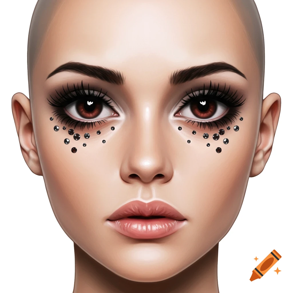 A close-up portrait of a face with bold eye makeup and rhinestones under the eyes.