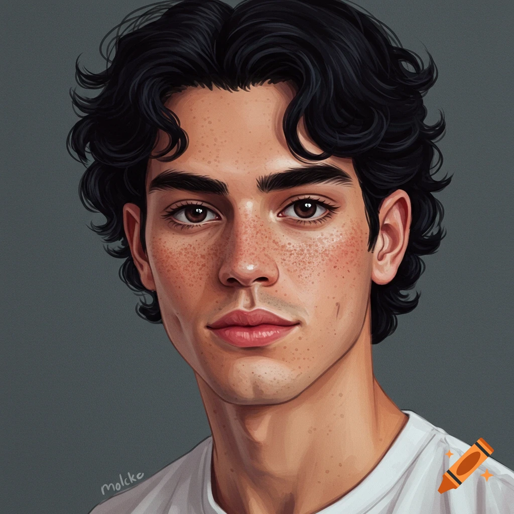 A male portrait with freckles, wavy black hair, and dimples.