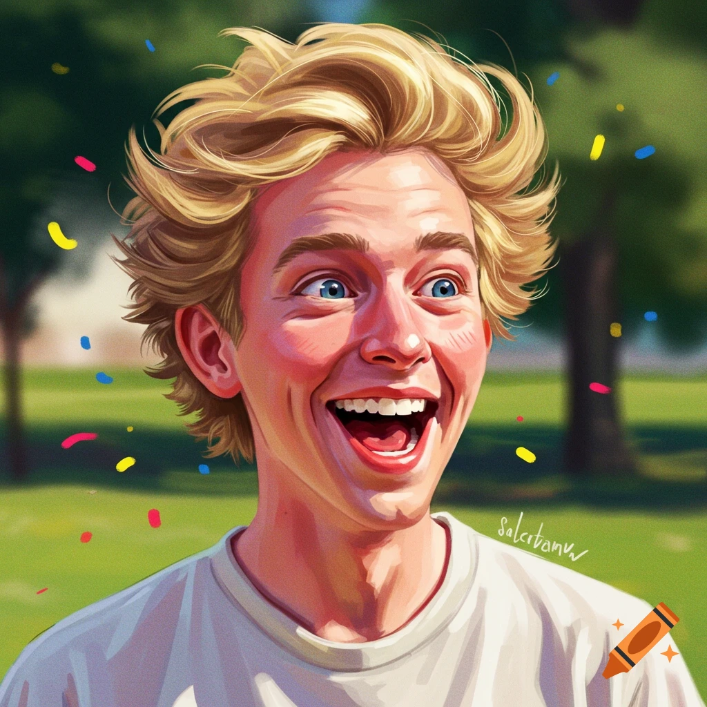 A man with blonde hair smiles widely outdoors with confetti.