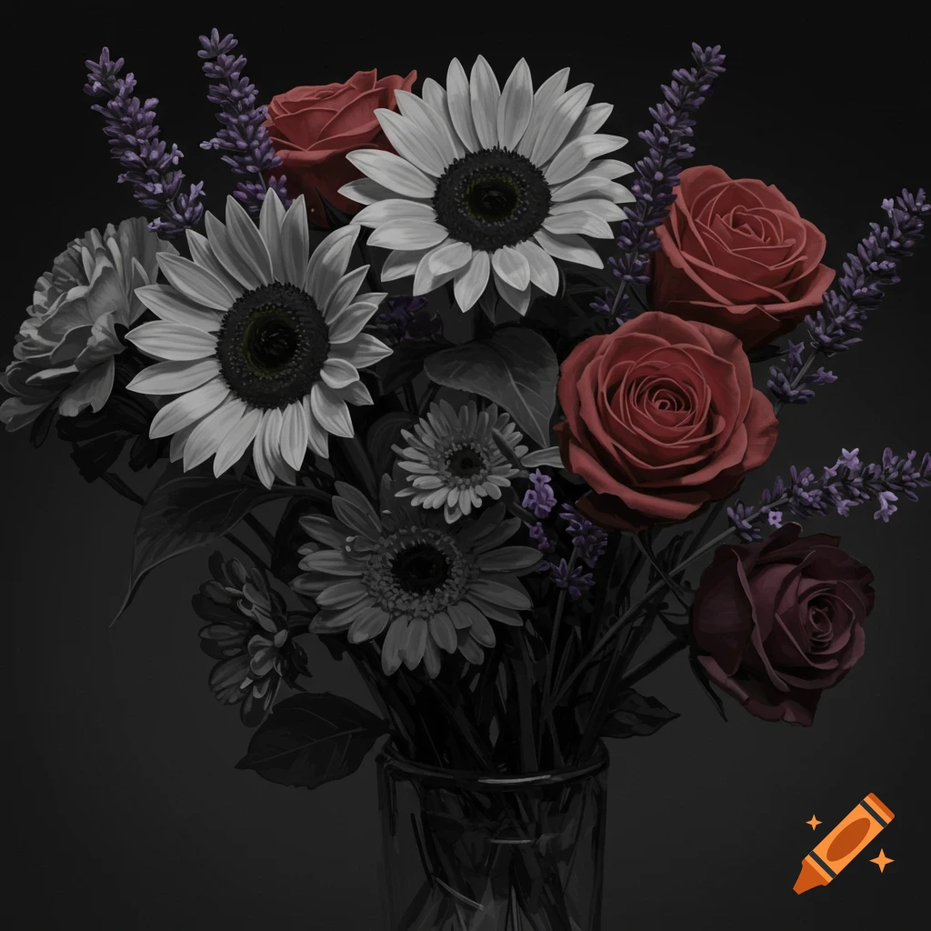 A bouquet of sunflowers, roses, lavender, and daisies in a vase, black and grey with color accents.