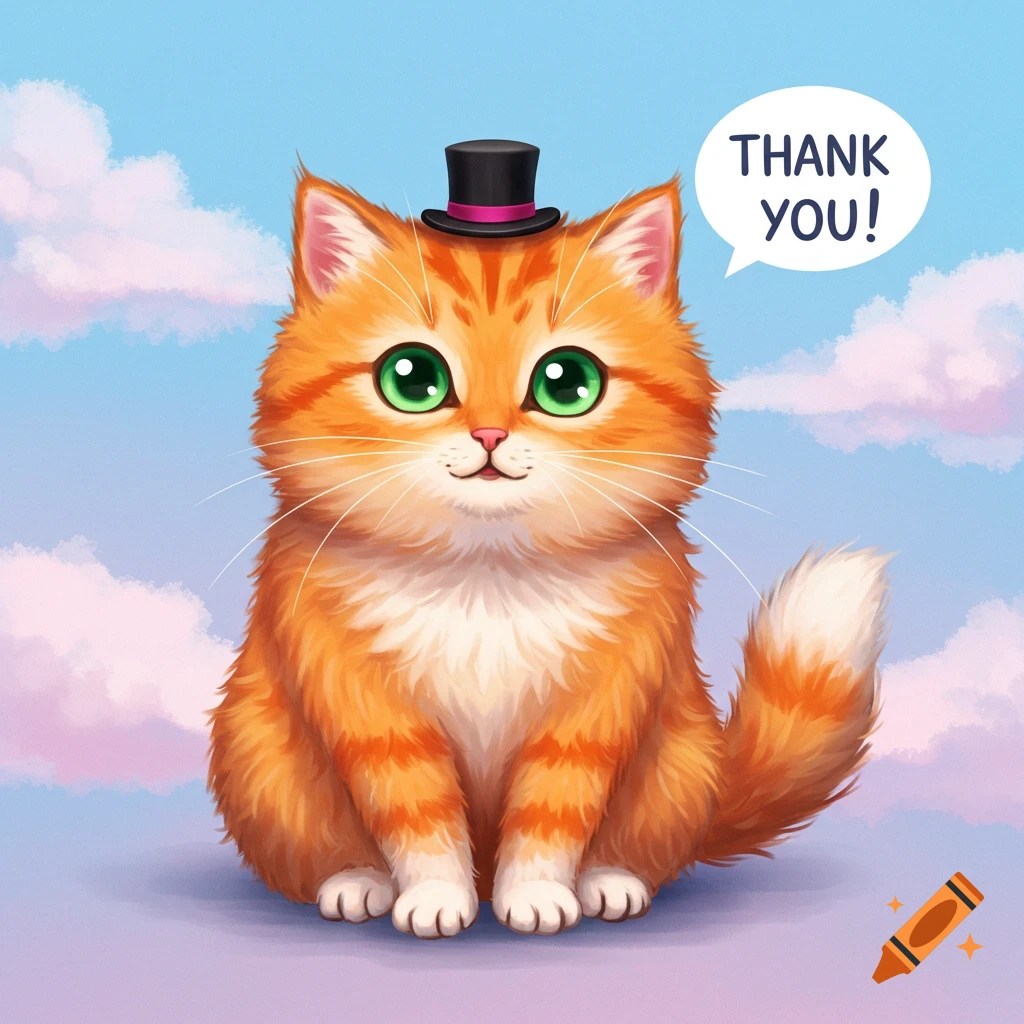 Cute orange cartoon cat wearing a hat and saying 'THANK YOU!' in a speech bubble.