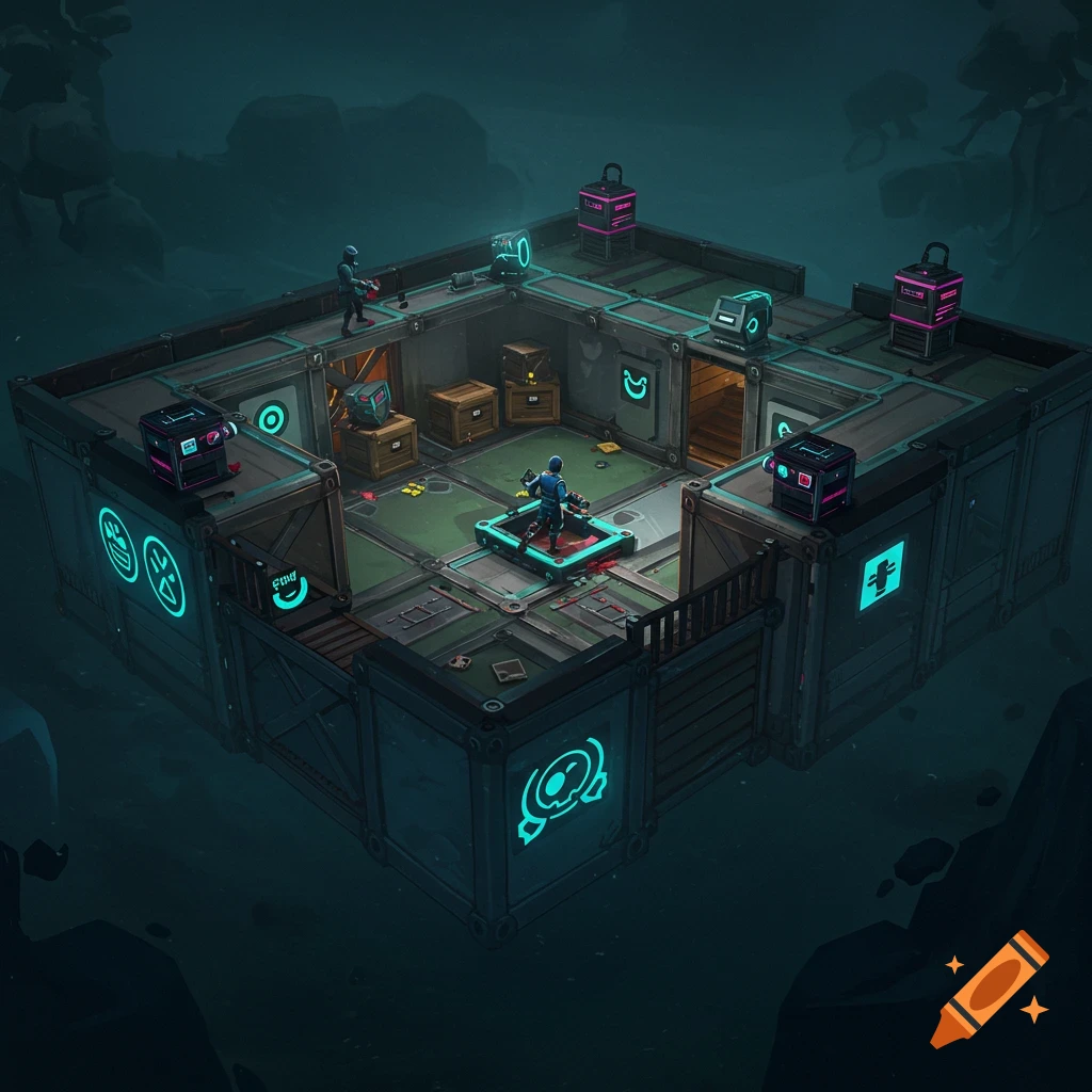An isometric view of a gloomy sci-fi gaming map with platforms and futuristic structures.