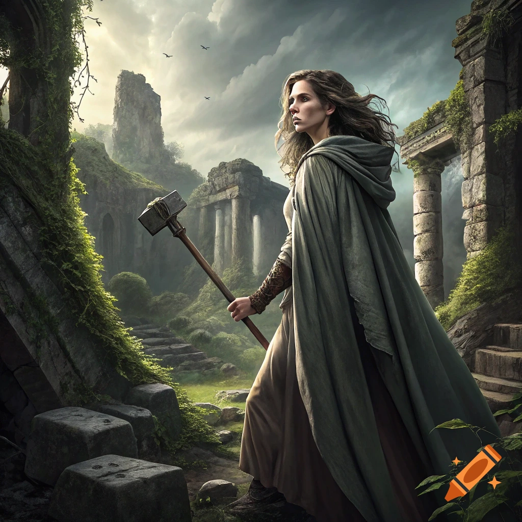 A woman in a hooded robe holds a hammer while standing among moss-covered ancient ruins.