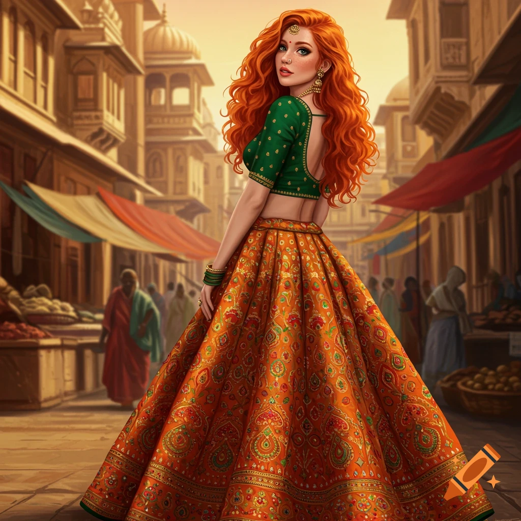 Red-haired woman in Indian dress standing in a bustling market street.