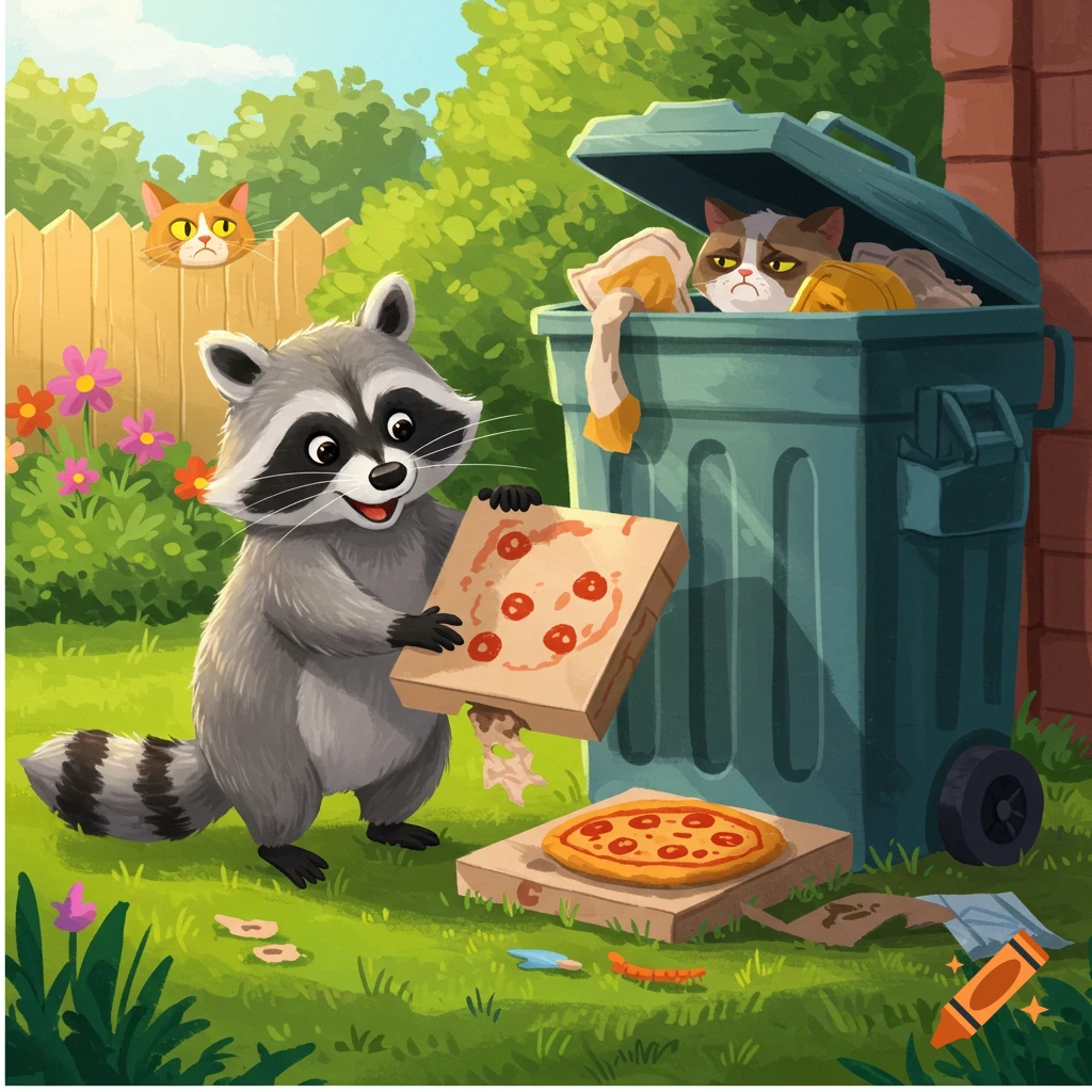 Cartoon raccoon holds pizza box near trash can with cats.