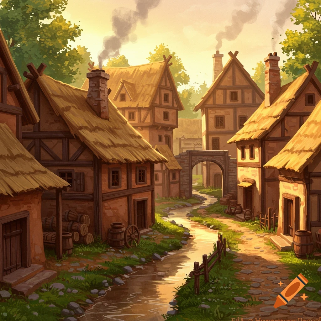 A sunny medieval village with thatched roofs, clay buildings, a stream, and cobblestone path.