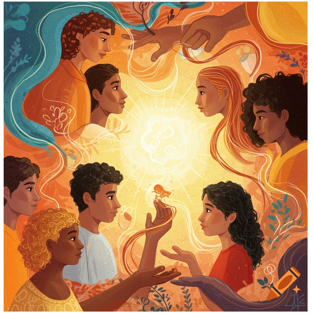 Stylized illustration of diverse people connected by glowing light, looking at a bird, representing community.