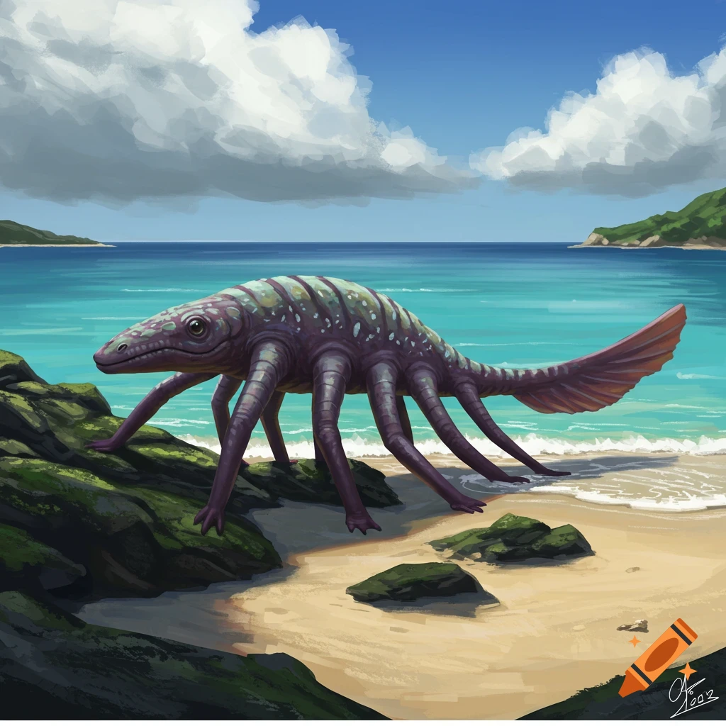 Multi-legged purple creature on a beach.