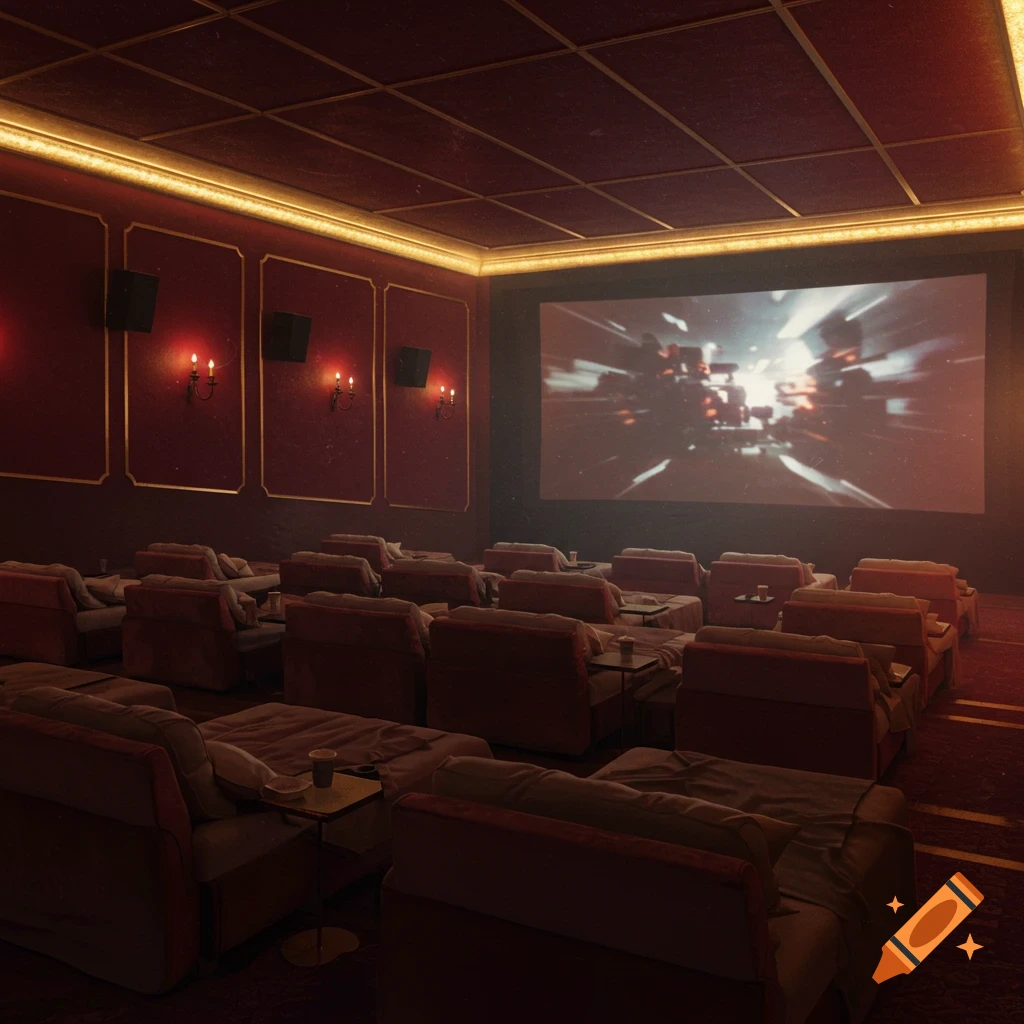 A movie theater with rows of red reclining seats or beds facing a large screen.