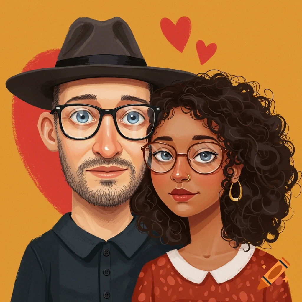 A couple in a folk art style, a man wearing a fedora and glasses, and a woman with curly hair and glasses.