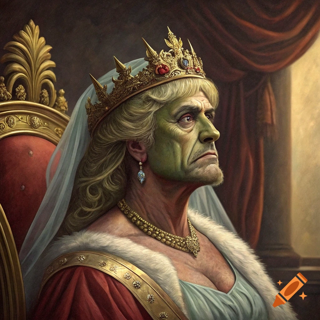A medieval style portrait of an ugly princess resembling Hulk Hogan in a crown and royal robes.