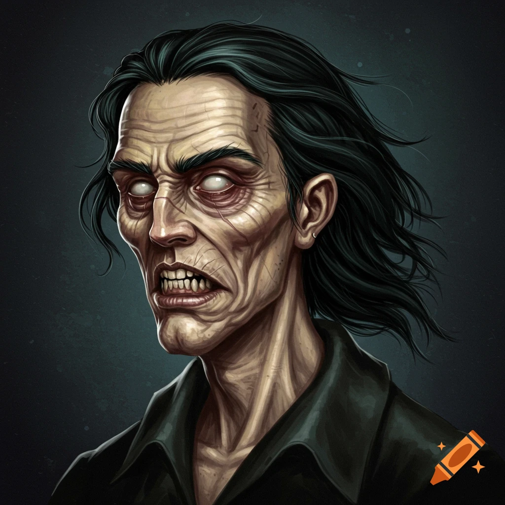 A gaunt, monstrous man with dark hair, pale white eyes, wrinkled skin, and prominent teeth.