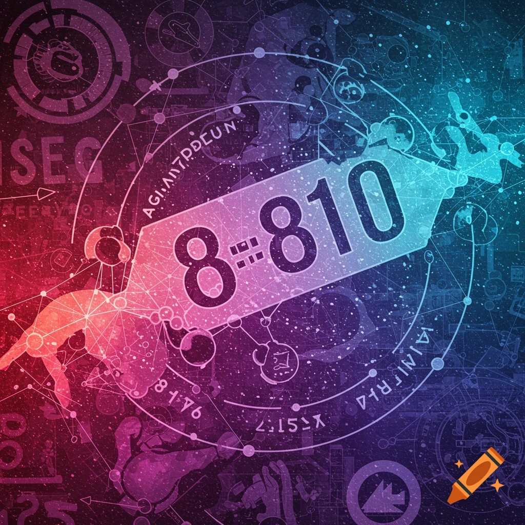 Abstract painting with glowing symbols, lines, and human figures on a gradient background, featuring the numbers 8 :: 810.