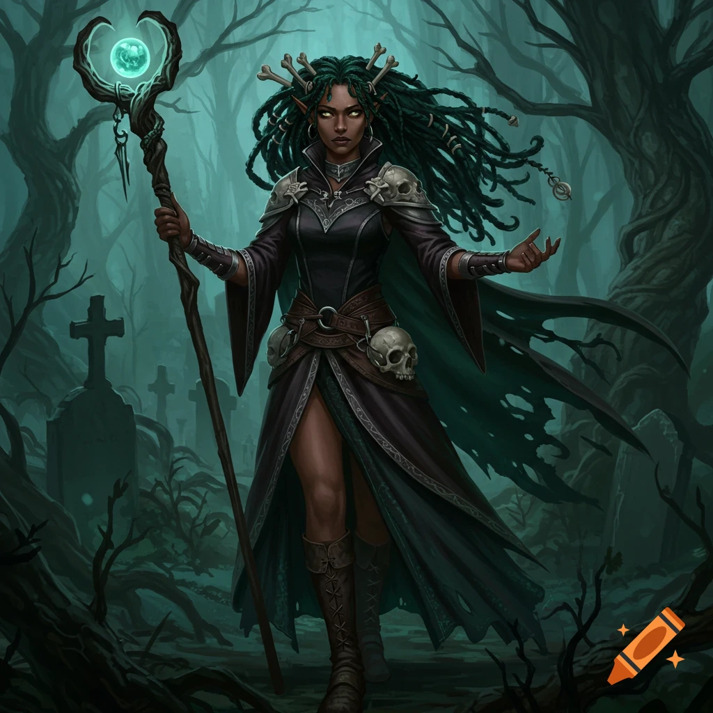 A female necromancer in a dark forest graveyard holding a staff with a glowing orb.