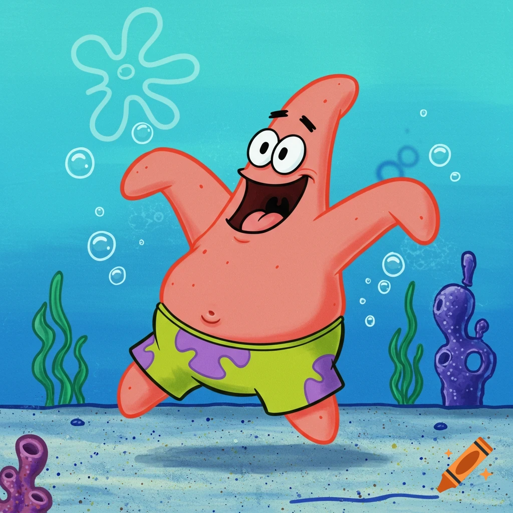 A smiling Patrick Star jumps underwater in a cartoon style.