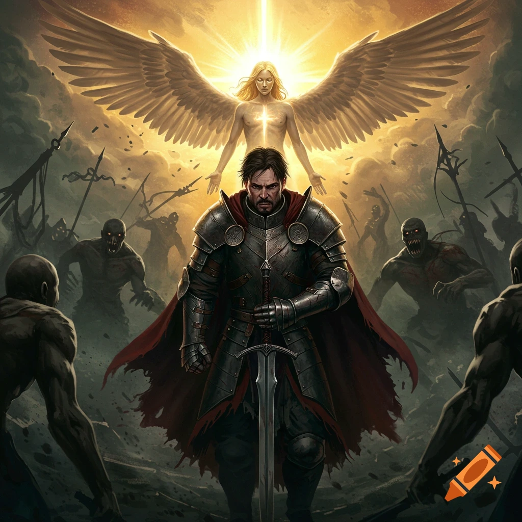 A knight in armor battles dark creatures, with a glowing angel positioned behind him.