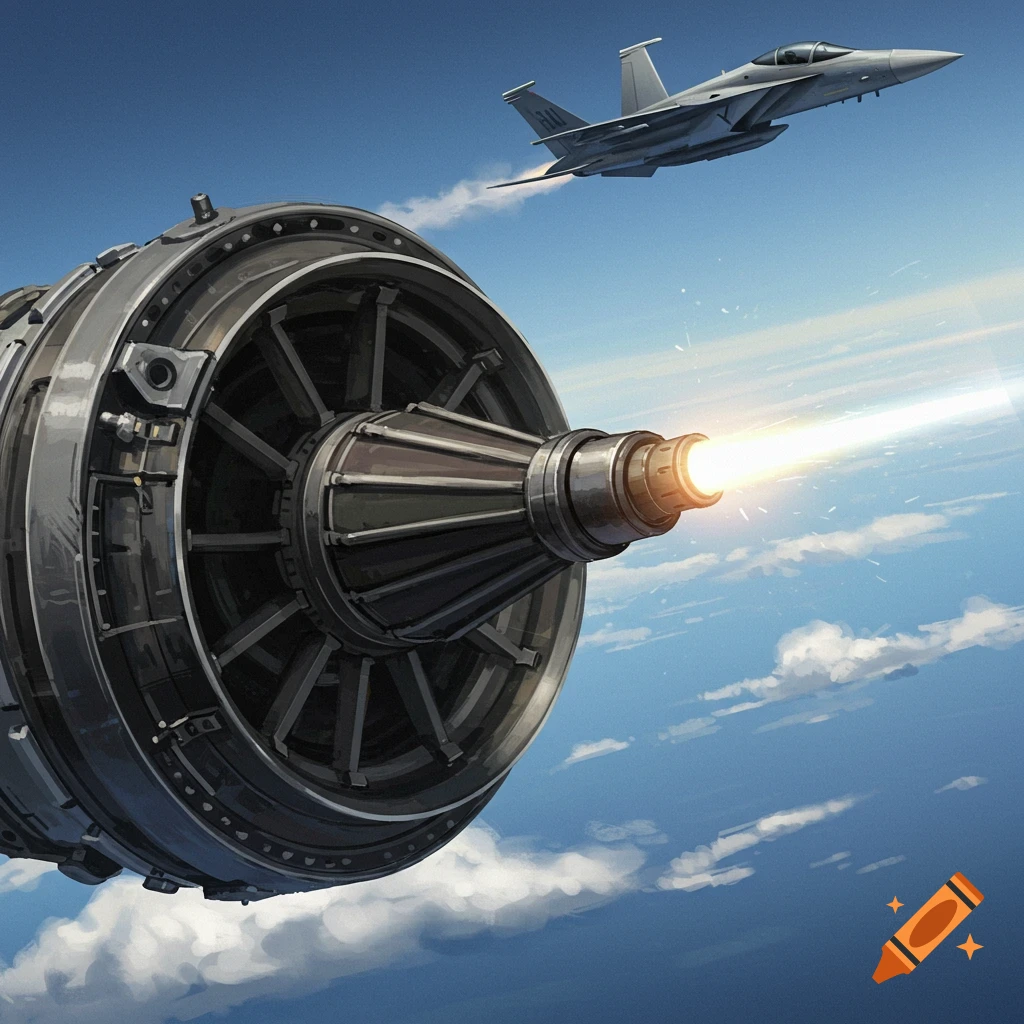 A large aircraft engine emits light, with a fighter jet flying in the background.