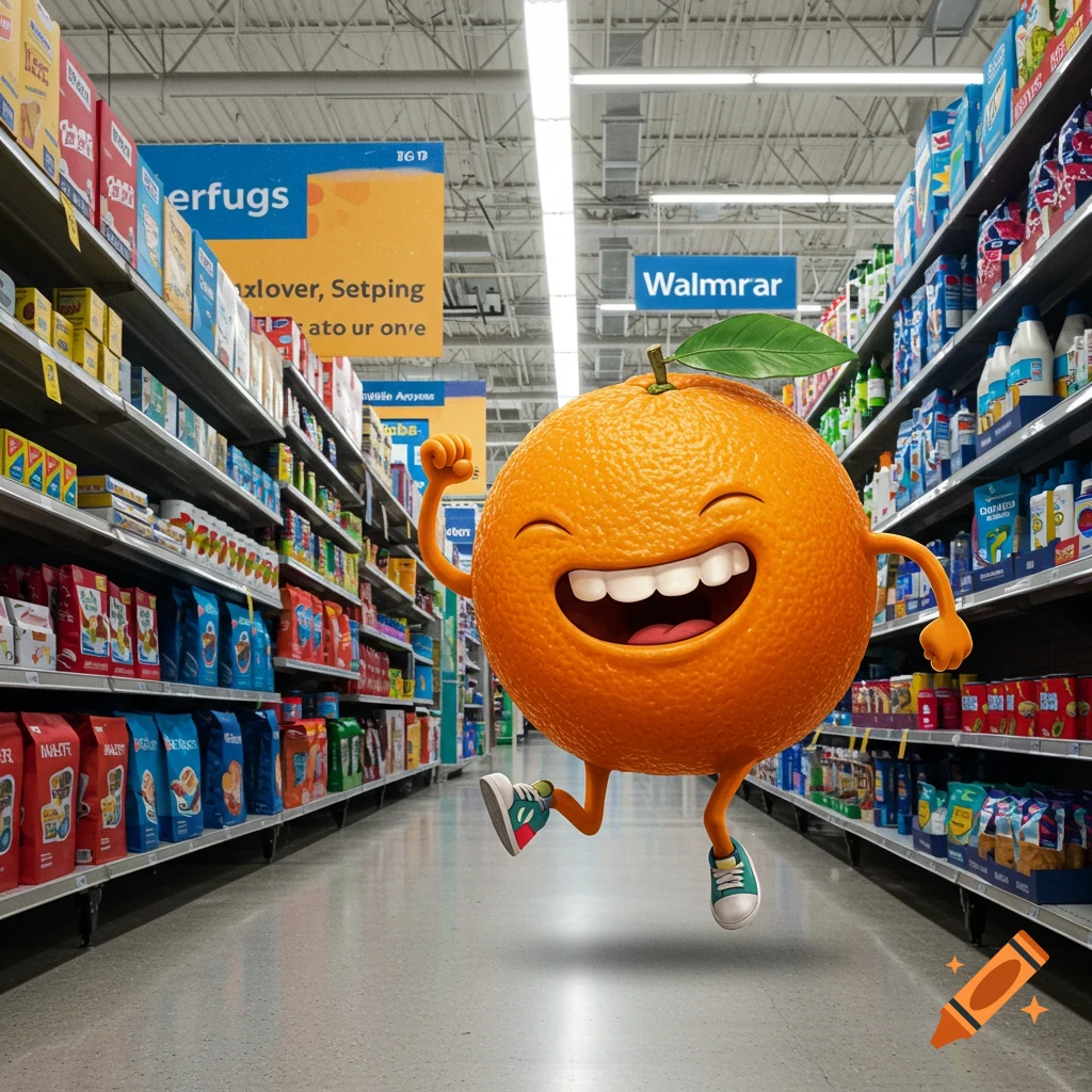 A smiling orange character is running through a supermarket aisle.