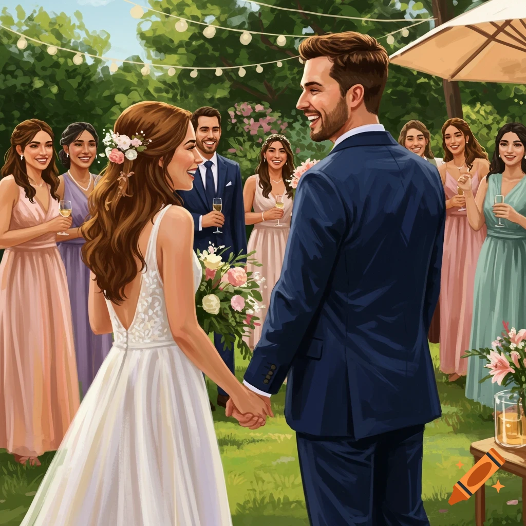 A bride and groom holding hands during an outdoor wedding ceremony with guests watching.