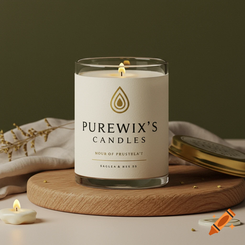 A lit candle in a glass jar with a label sits on a wooden coaster next to a smaller candle and a gold lid.