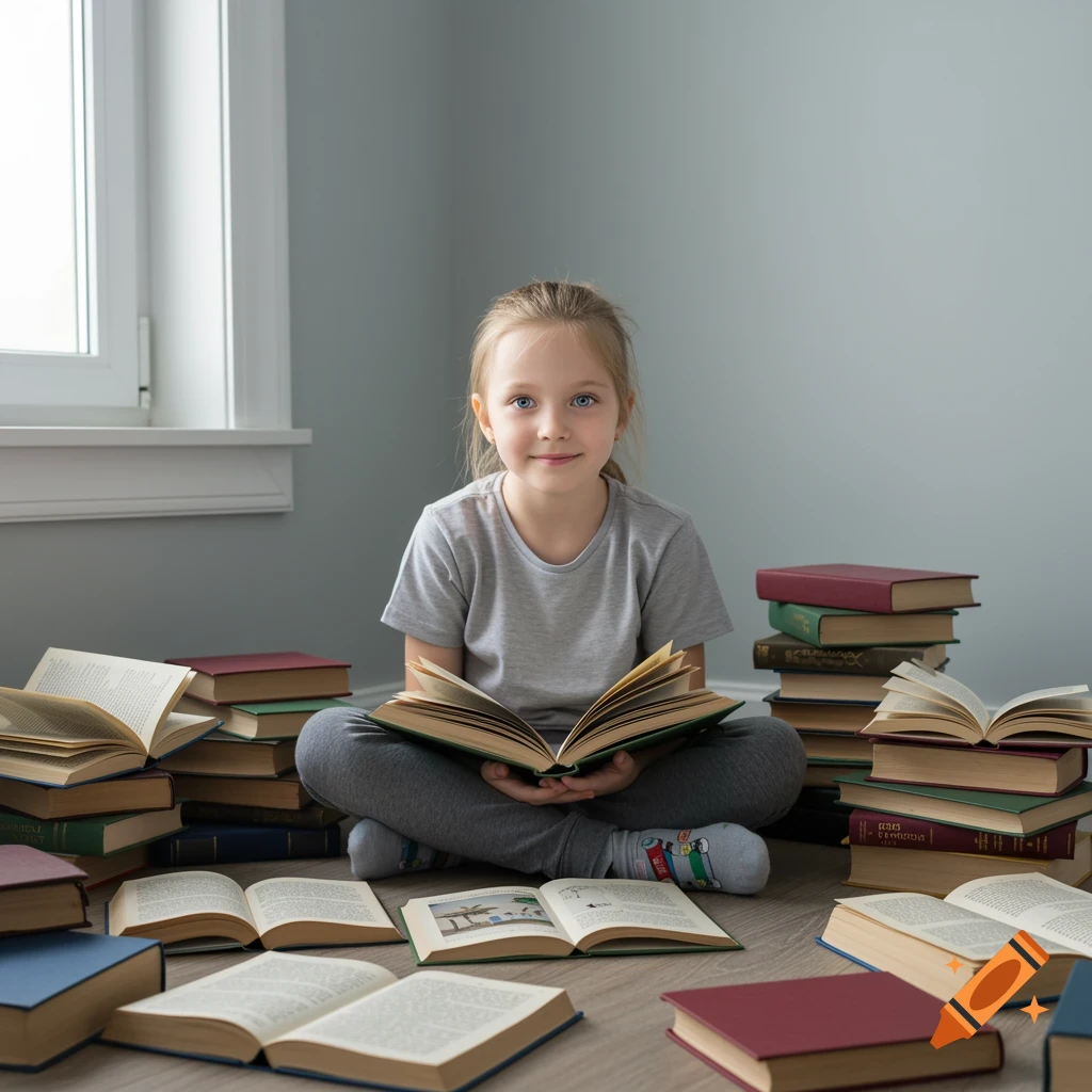 Young girl reading surrounded by books on the floor.